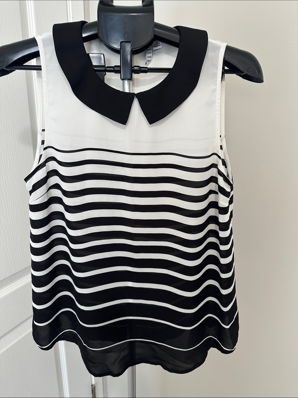 Elle Black and White Striped Sleeveless Camisole with Peter Pan Collar